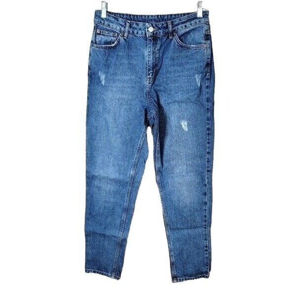 Topshop Jeans Blue Size 30 Distressed Cotton Zip Pocket Taper Mom High Rise Moto - Picture 1 of 7